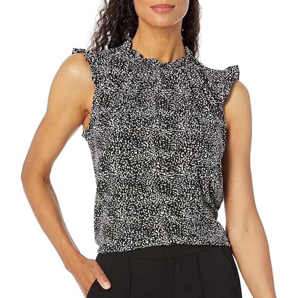 Adrianna Papell Ruffle Mock Neck Tank‎ Women's Medium Navy Career Casual Floral